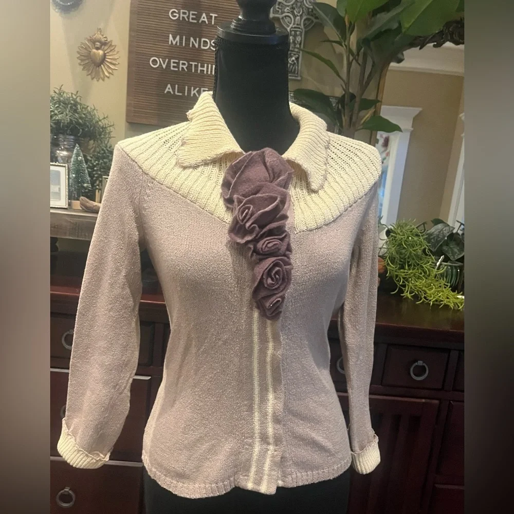 Anthropologie Field Flower Lavender Floral Ruffle Cardigan Sweater XS - Picture 2 of 7